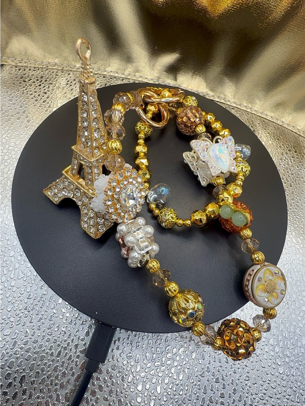 Gold Beaded Statement bag charm with Crystal Charms